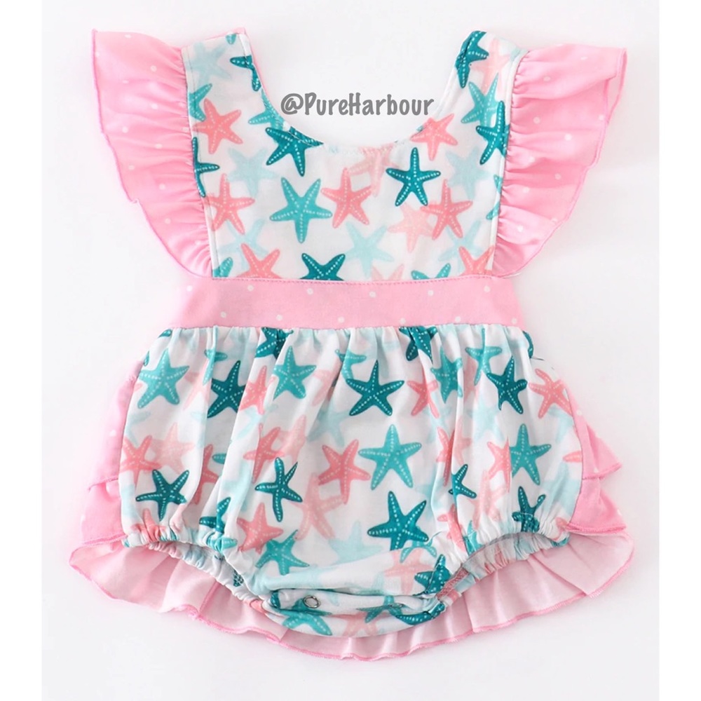 Pink starfish ruffle bubble romper